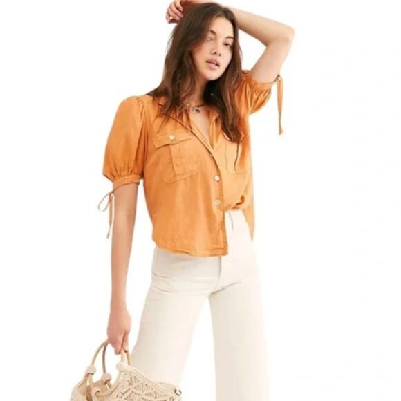 Free People Orange Safari Babe Top Size XS Linen Blend Button Front Boho Beach - Picture 1 of 10